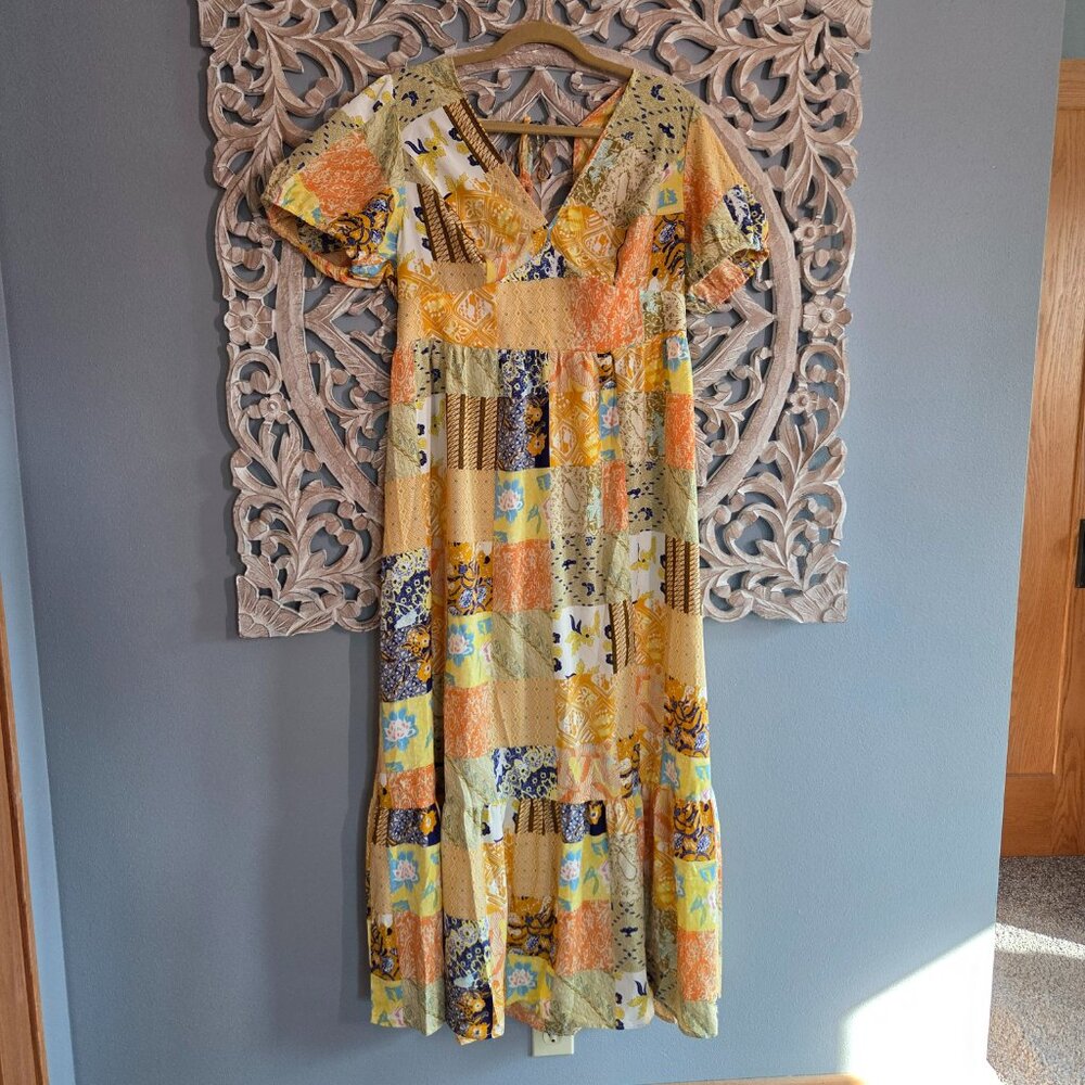 Boho Patchwork Maxi Dress with open back Orange Yellow Brown Size 1XL